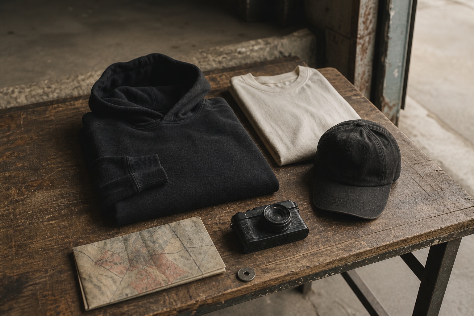 Lågmäld streetwear, analog kamera och karta på ett slitet arbetsbord