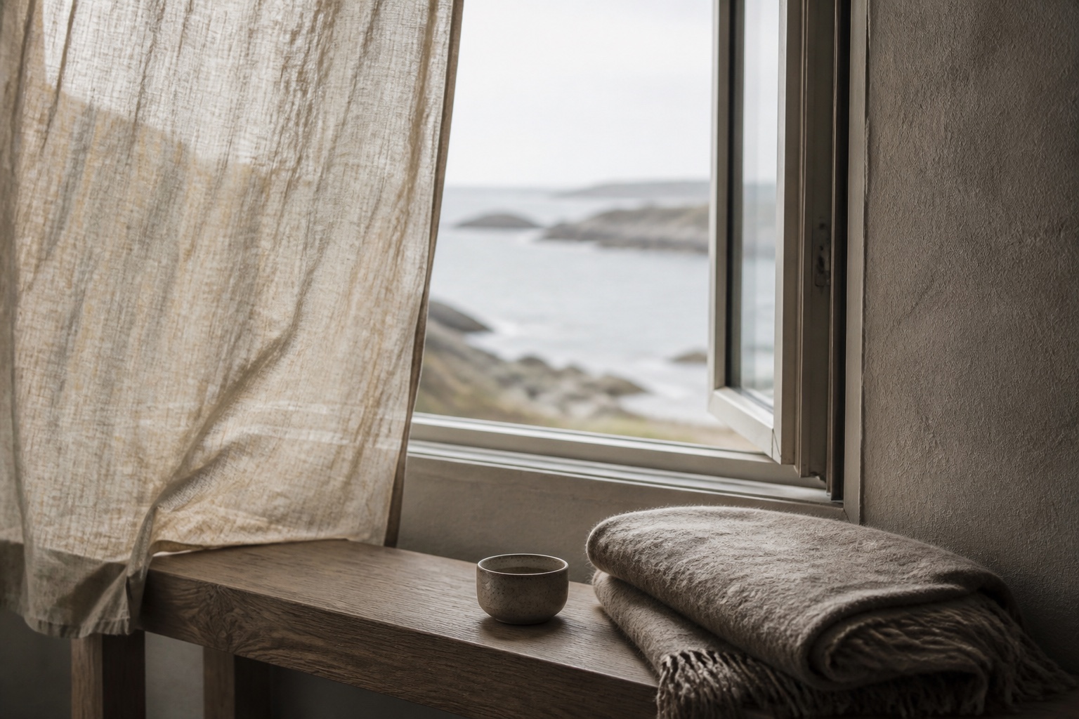 Linnengardin, ullpläd och keramik vid ett öppet fönster mot en anonym klippig kust